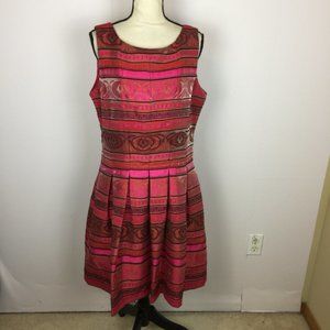 Chetta B Fit & Flare Dress Size 12 Womans Red Pink Striped Sleeveless Pleated